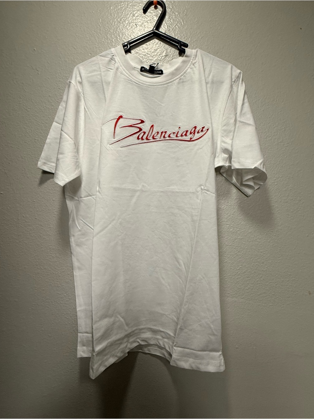 Balenciaga White Short-Sleeve Tee with Red Script Logo